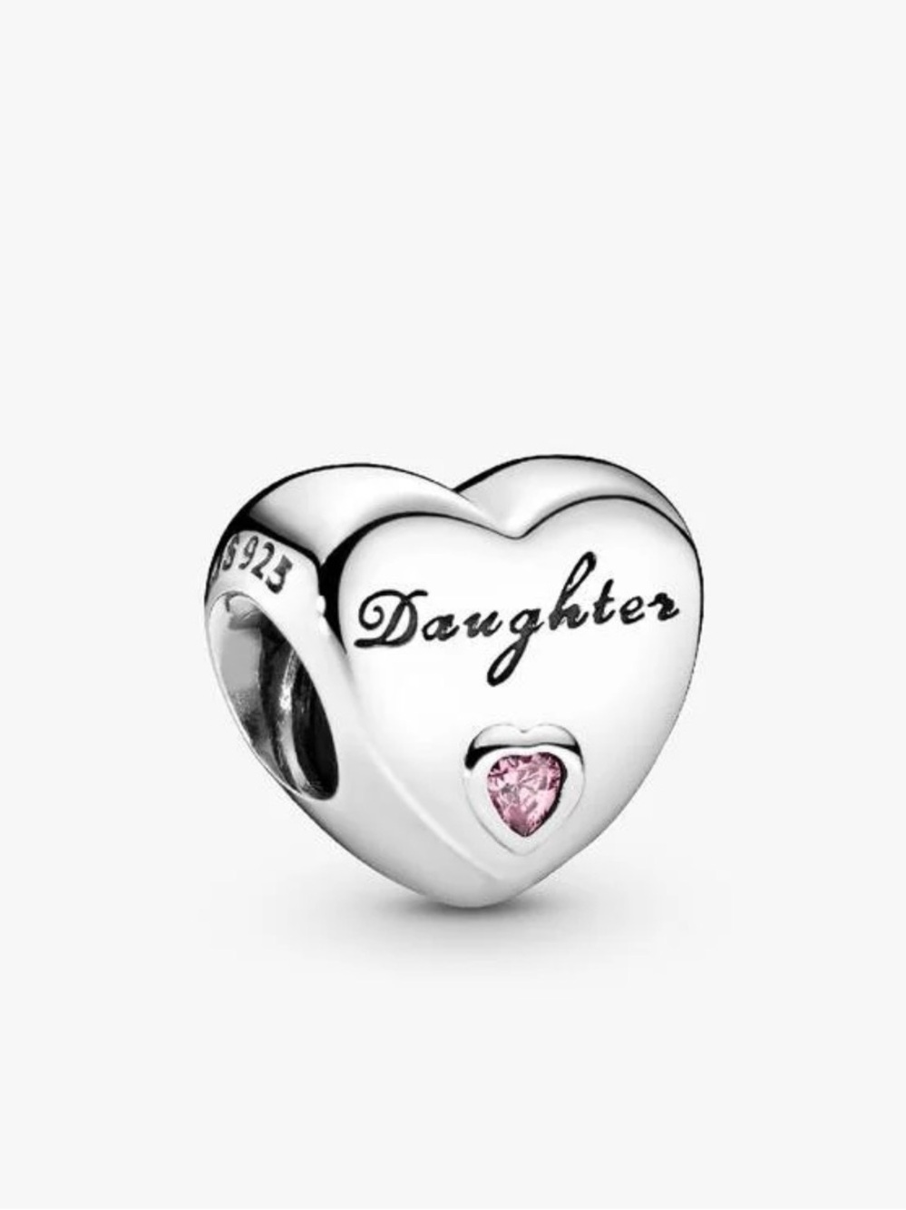 Pandora Daughter Heart Charm sterling silver and features a small pink stone